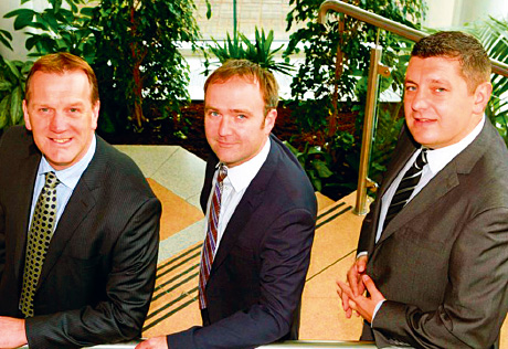 Fraser Black, managing director of BioCity Scotland (left), welcomes Insignia Technologies’ Erik Smyth and Stephen Currie to the firm’s new headquarters in Newhouse.