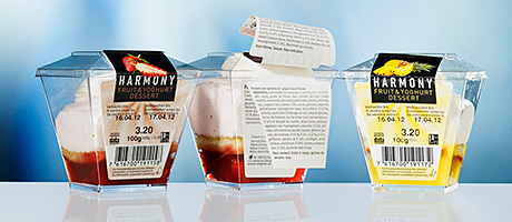 A sticky question: wet-glue or self-adhesive labelling? Booklet labels for Harmony Fruit & Yoghurt Desert (Pago International).