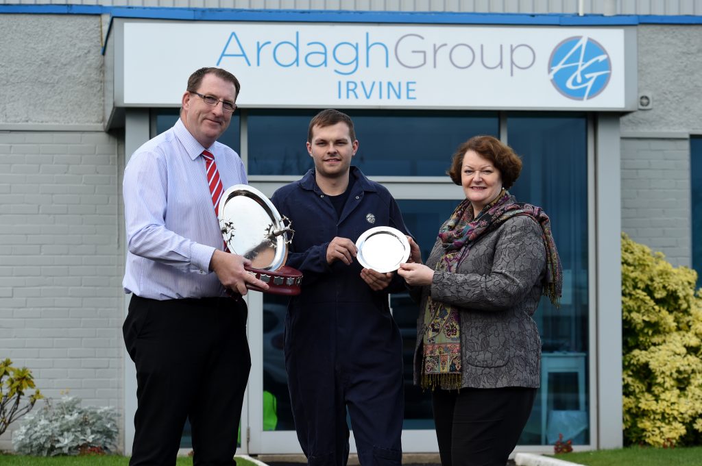 Apprentice Award at Ardagh Glass. Dr Philippa Whitford MP and Graeme Shepherd presenting.