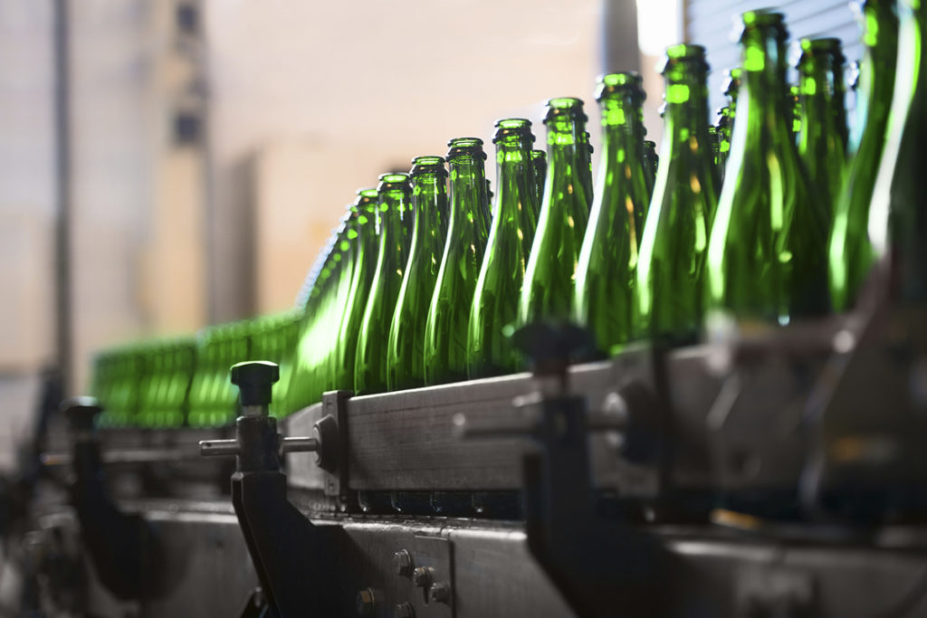 Glass bottles on production line