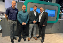Global Graphics Software and Dantex Group announce strategic partnership Mike Agness, Hybrid Software, Joe Sanchez and Ben Danon of Dantex Group, and Justin Bailey of Global Graphics Software celebrate their new partnership in front of the Pico digital UV inkjet press on the Dantex booth at Labelexpo Americas 2024.