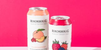 New cider cans on table with fruits