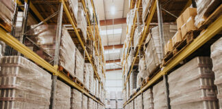 Warehouse with packed shelves