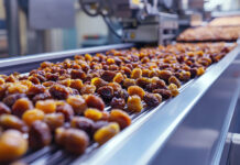 Raisins being packaged on a conveyor belt