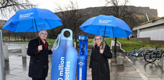 Peter Farrer of Scottish Water and climate action secretary Gillian Martin. Image credit: Paul Devlin / SNS Group