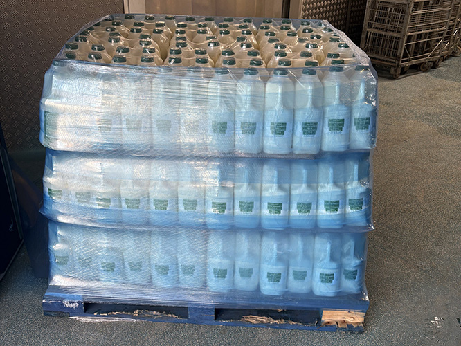 Milk bottles wrapped on a pallet