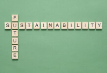 Sustainability crossword, wooden pieces with letters on a green background