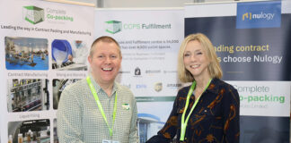 Stephen Nicholls and Josephine Coombe shake hands on a deal at Packaging Innovations