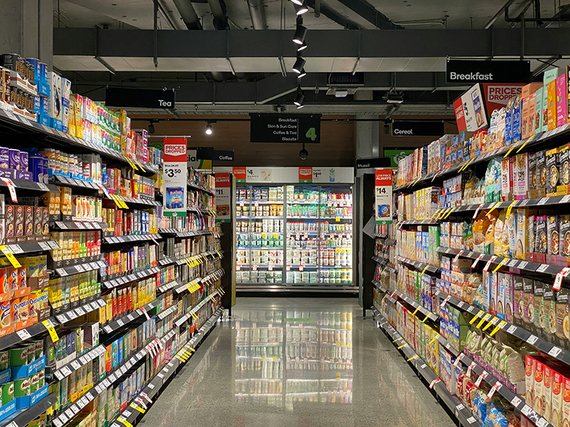 Supermarket aisle showcasing various different types of packaging