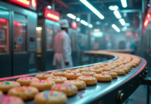 A close-up view of cookies on a conveyor belt