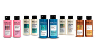 Haircare range with bottles featuring holographic labels