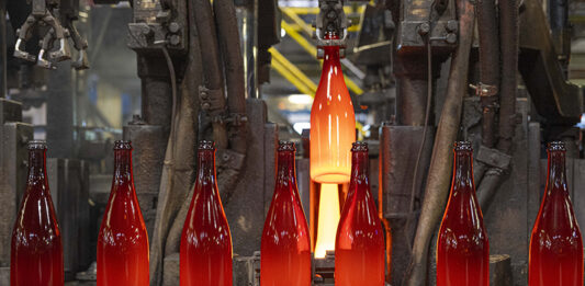 Sparkling wine bottle on production line